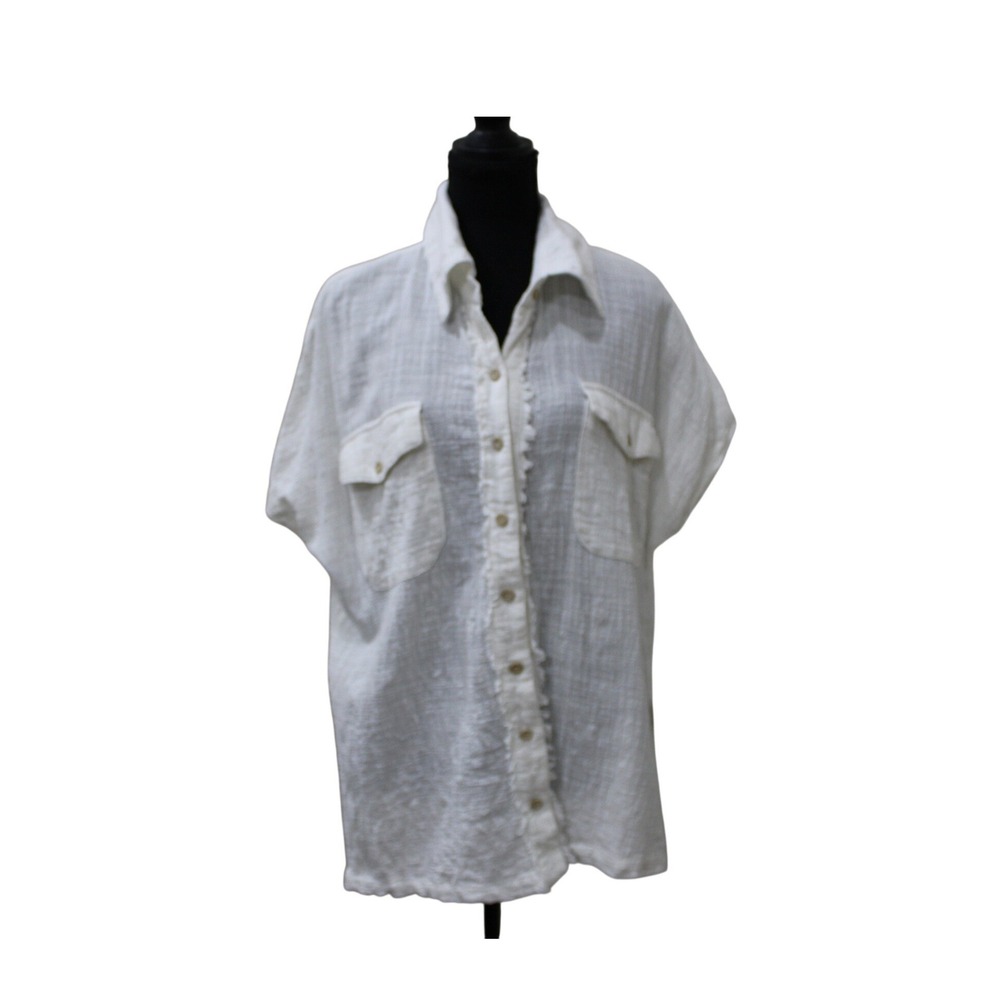 Garage Button Down Shirt Womens P White EUC Gauze Short Sleeve Boho Fringed